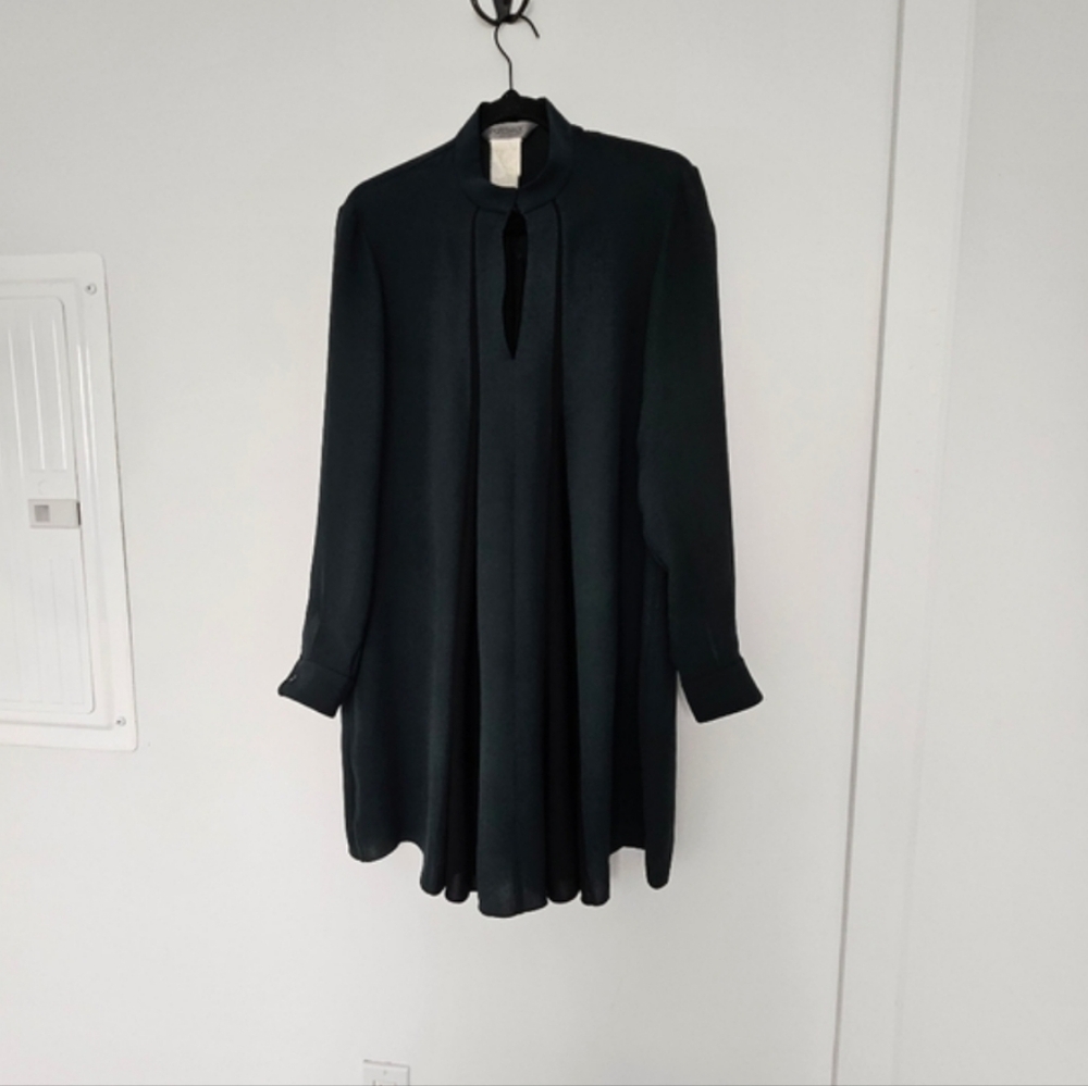 Vtg. Sportmax Pure Silk  80's Forest Green W/ Black Panels Long Sleeve Mod Dress